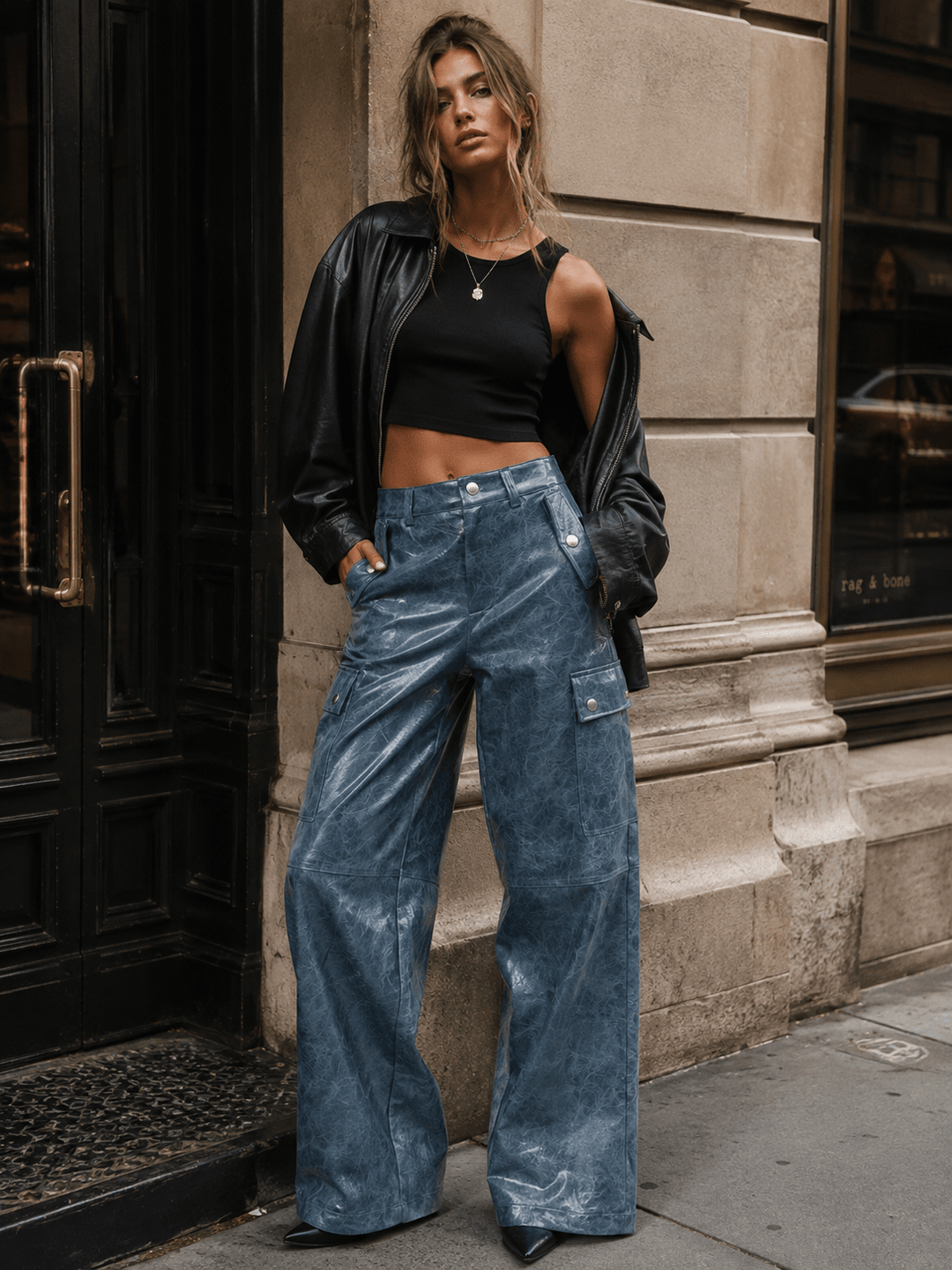 WOMEN'S BUTTON CLOSURE POCKETS WIDE LEG PU PLEATHER PANTS