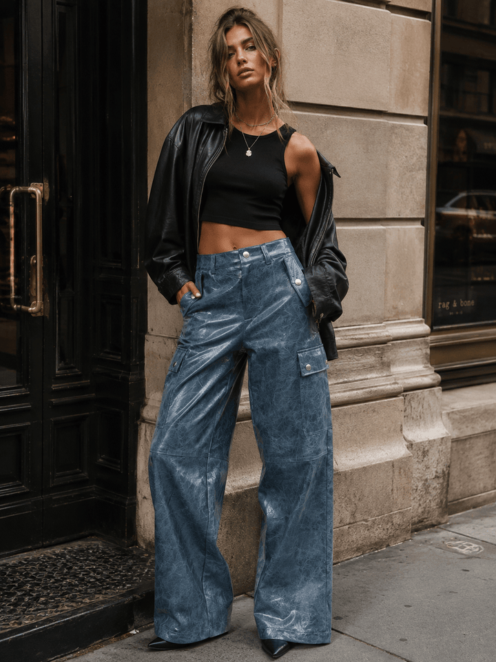 WOMEN'S BUTTON CLOSURE POCKETS WIDE LEG PU PLEATHER PANTS