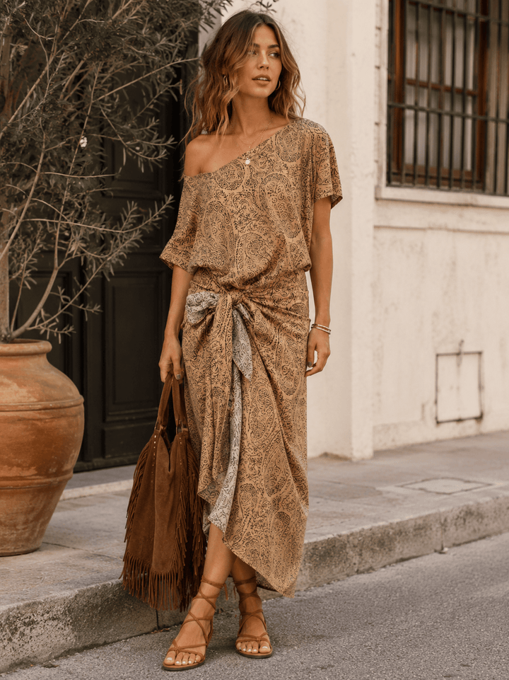BEULAH WOMEN'S SHORT SLEEVE FRONT TIE MULTI PRINT MAXI DRESS