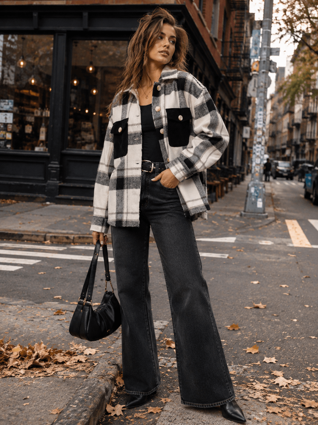WOMEN'S LONG SLEEVE BUTTON UP FRONT POCKETS PLAID JACKET