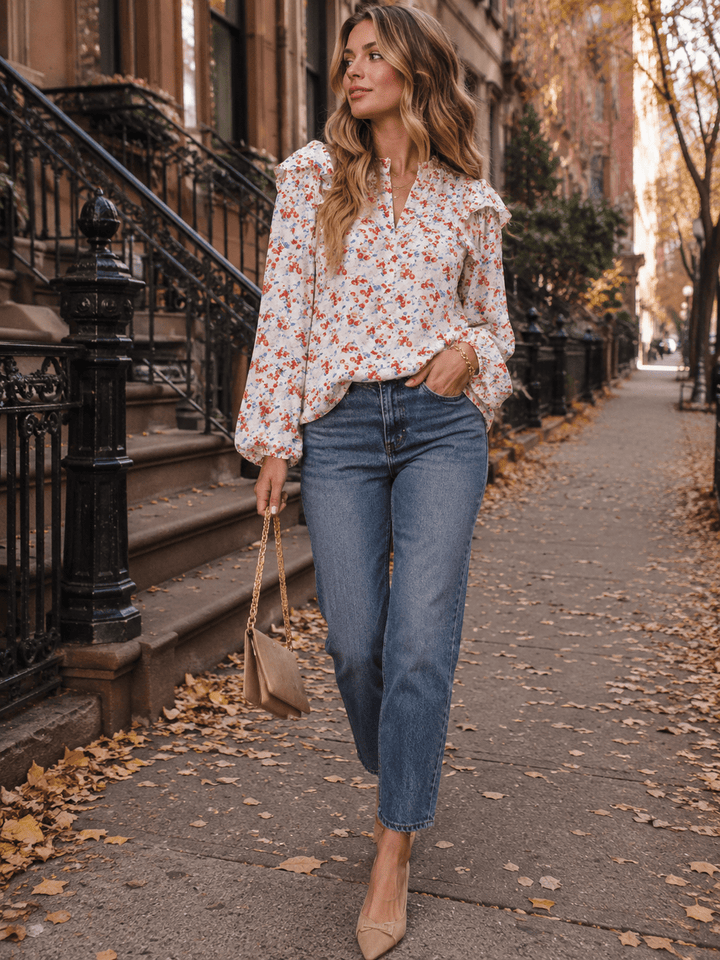 ENTRO WOMEN'S LONG SLEEVE V-NECK BUTTON UP FLORAL PRINT BLOUSE