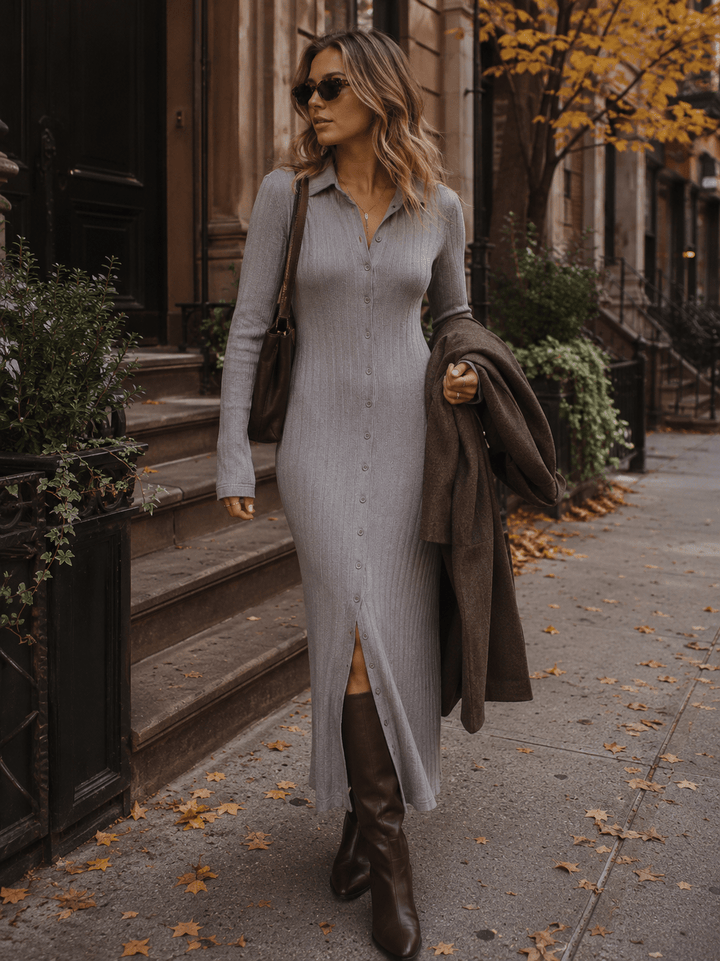 WOMEN'S LONG SLEEVE BUTTON UP RIBBED BODYCON MAXI DRESS