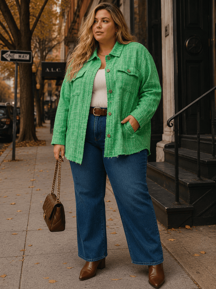 PLUS SIZE LONG SLEEVE BUTTON CLOSURE FRONT POCKETS TWEED SHACKET