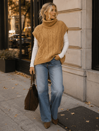 WOMEN'S SLEEVELESS TURTLE NECK CABLE KNIT PULLOVER SWEATER TOP