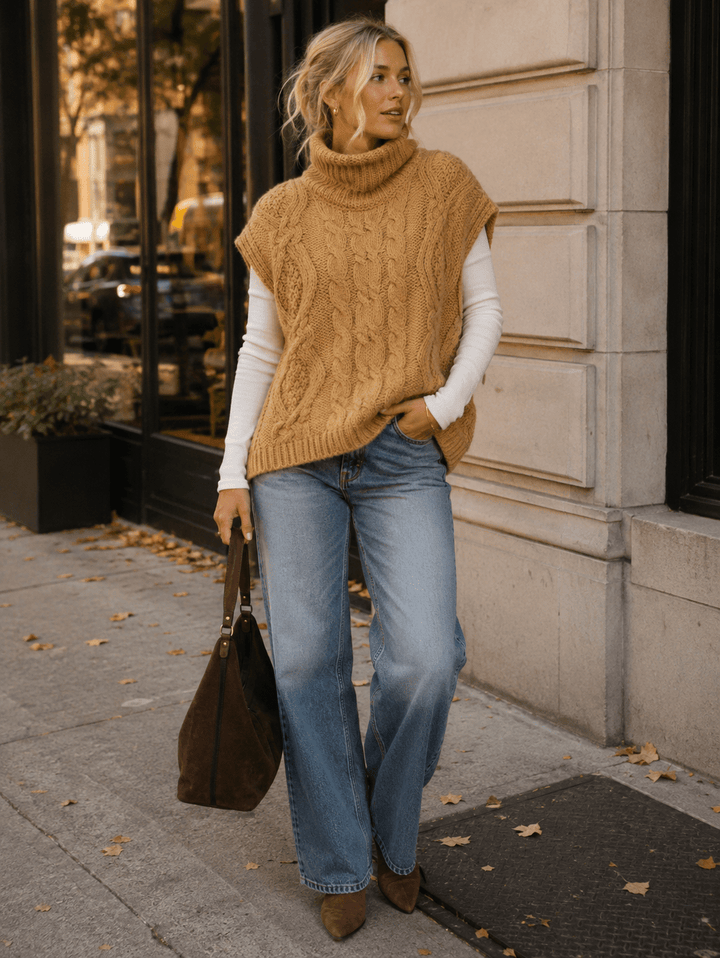 WOMEN'S SLEEVELESS TURTLE NECK CABLE KNIT PULLOVER SWEATER TOP