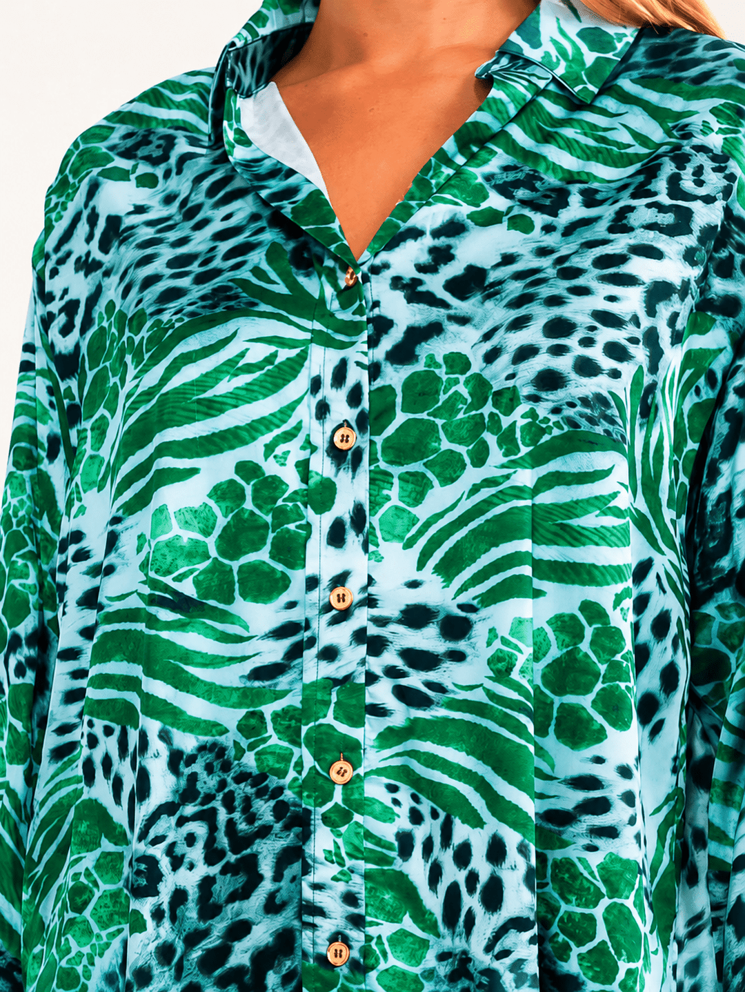 WOMEN'S LONG SLEEVE BUTTON UP HIGH-LOW ANIMAL PRINT BLOUSE