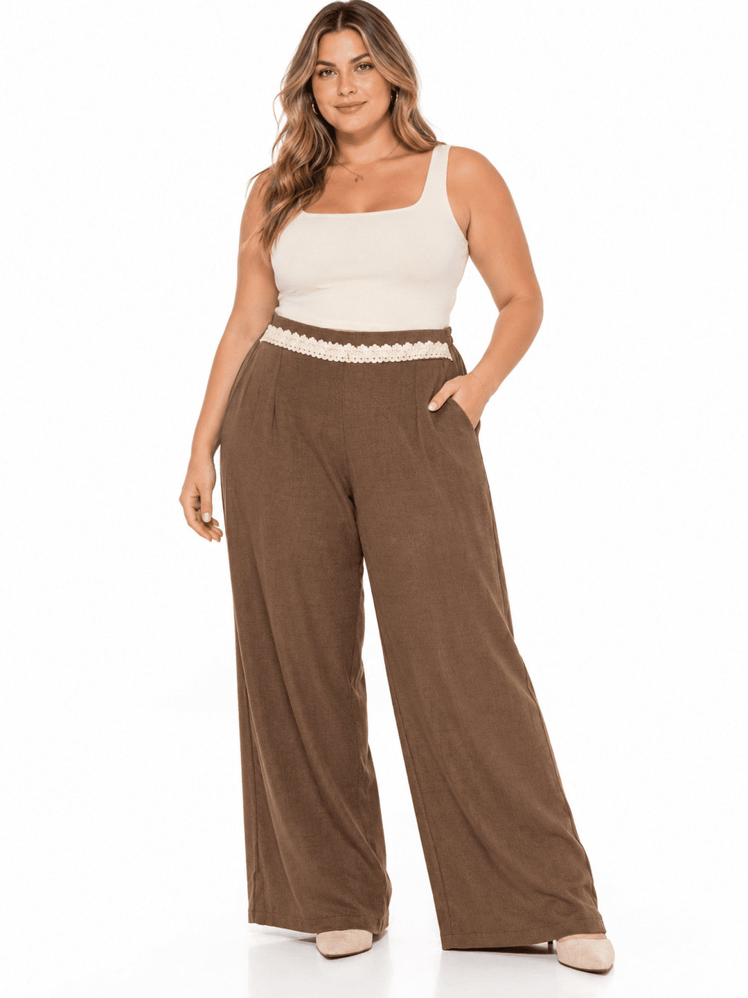 PLUS SIZE ELASTIC DETAILED WAIST FRONT POCKETS WIDE LEG PANTS