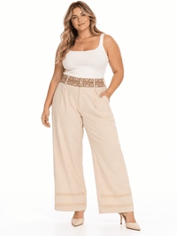 PLUS SIZE BUTTON CLOSURE ELASTIC EMBROIDERY WAIST FRONT POCKETS WIDE LEG PANTS
