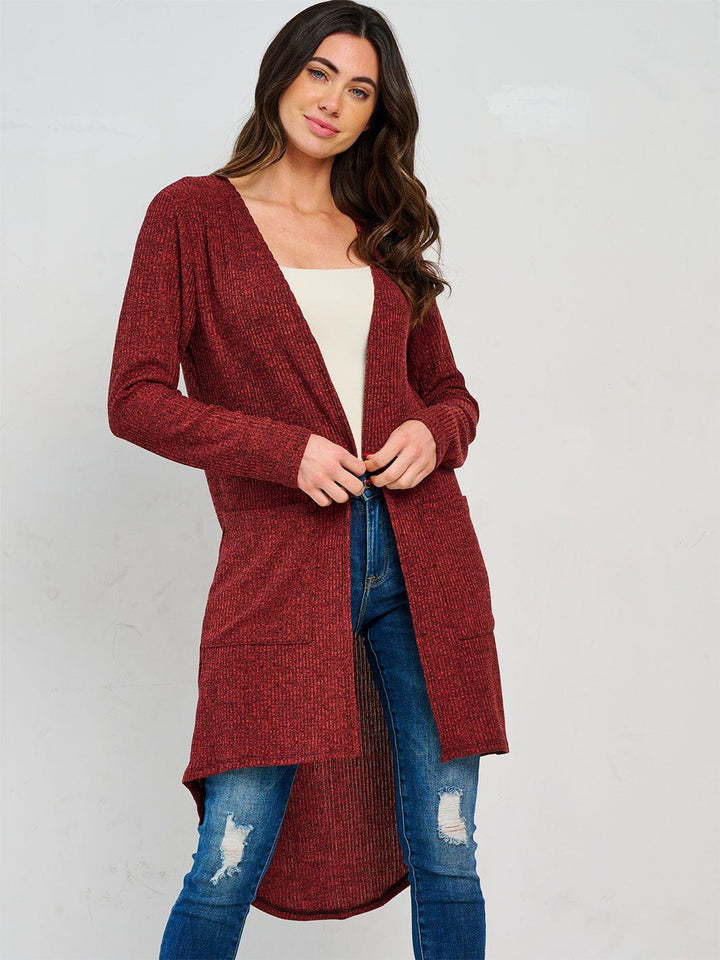 WOMEN'S LONG SLEEVE OPEN FRONT POCKETS HIGH-LOW CARDIGAN