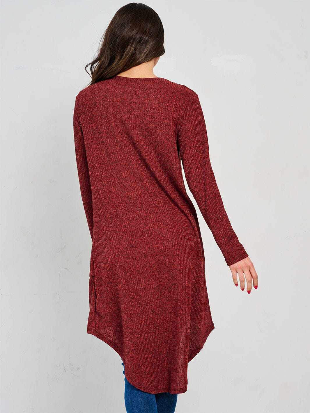 WOMEN'S LONG SLEEVE OPEN FRONT POCKETS HIGH-LOW CARDIGAN