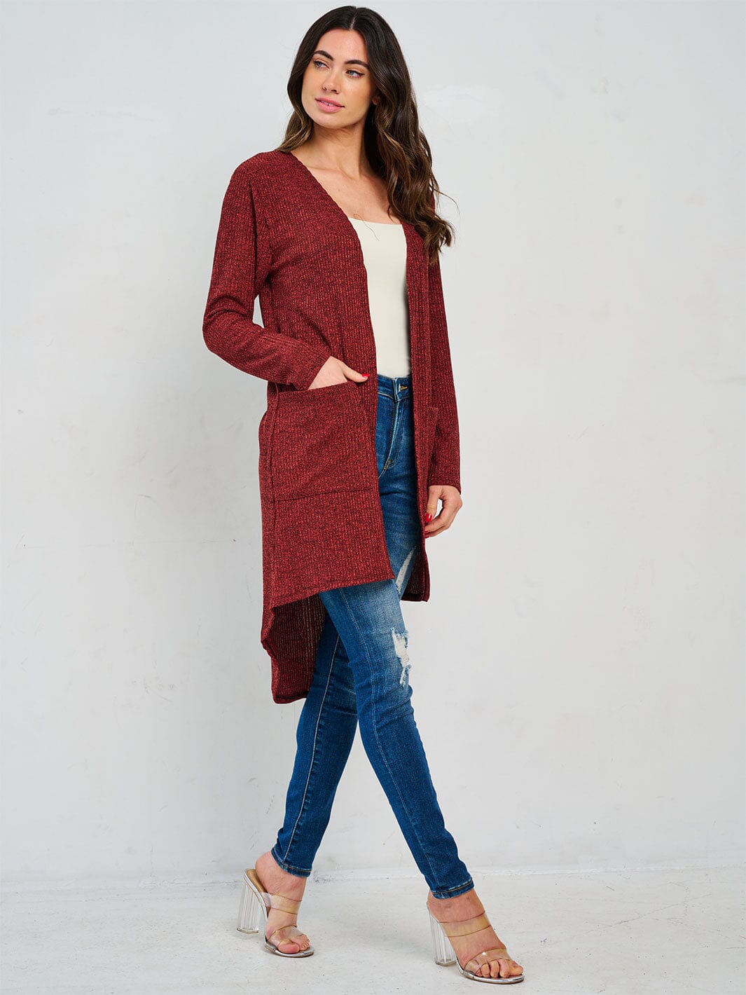 WOMEN'S LONG SLEEVE OPEN FRONT POCKETS HIGH-LOW CARDIGAN