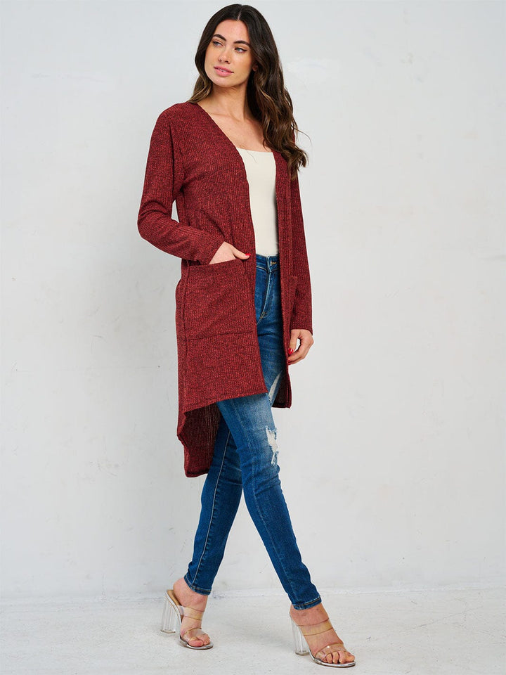 WOMEN'S LONG SLEEVE OPEN FRONT POCKETS HIGH-LOW CARDIGAN