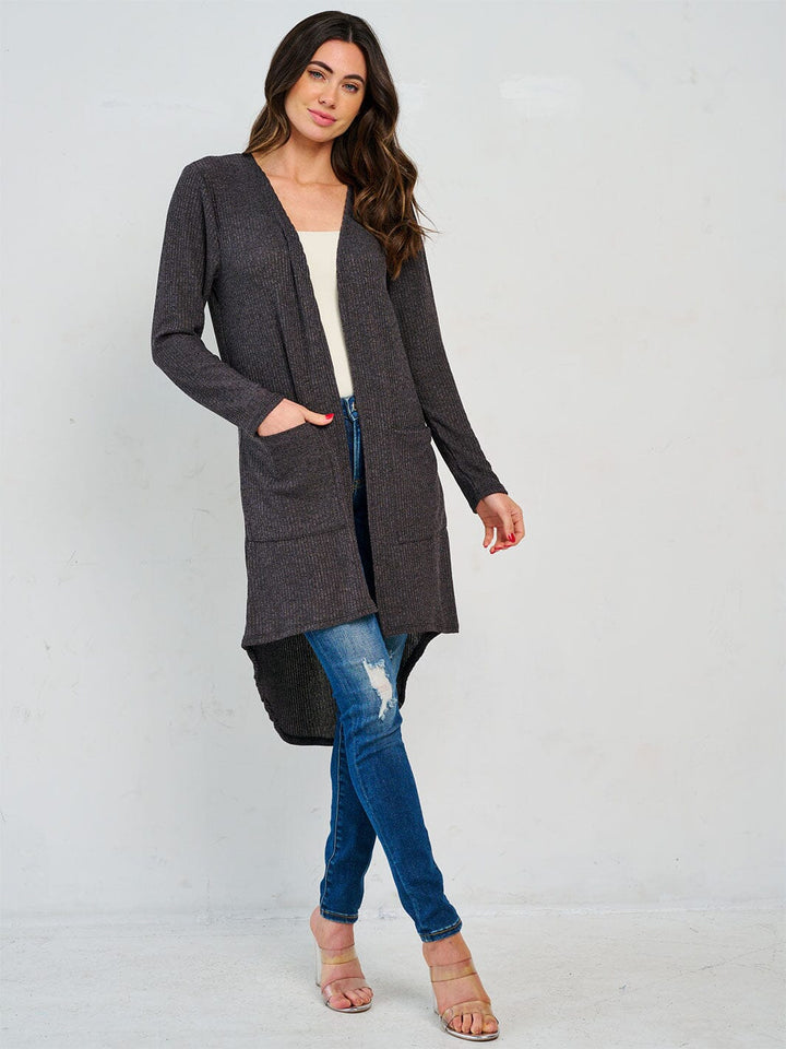 WOMEN'S LONG SLEEVE OPEN FRONT POCKETS HIGH-LOW CARDIGAN