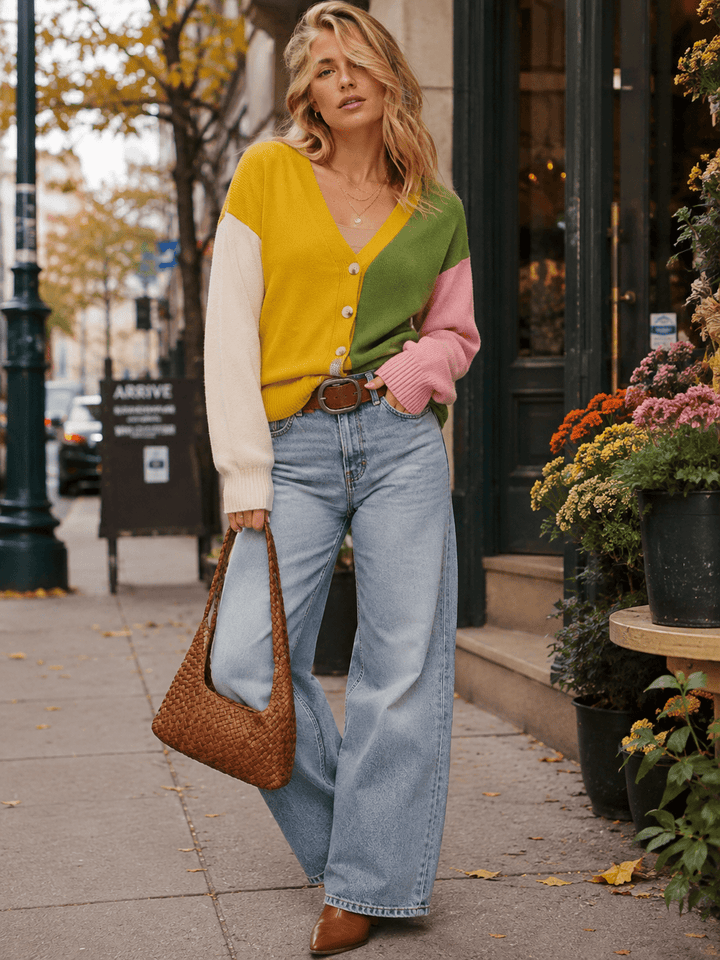 WOMEN'S LONG SLEEVE BUTTON UP V-NECK COLORBLOCK SWEATER