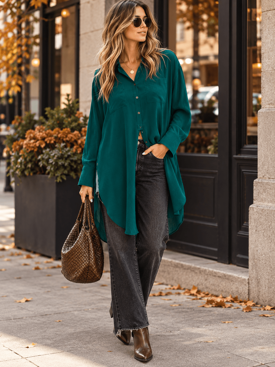 ENTRO WOMEN'S LONG SLEEVE BUTTON UP FRONT POCKETS HIGH-LOW OVERSIZED TOP