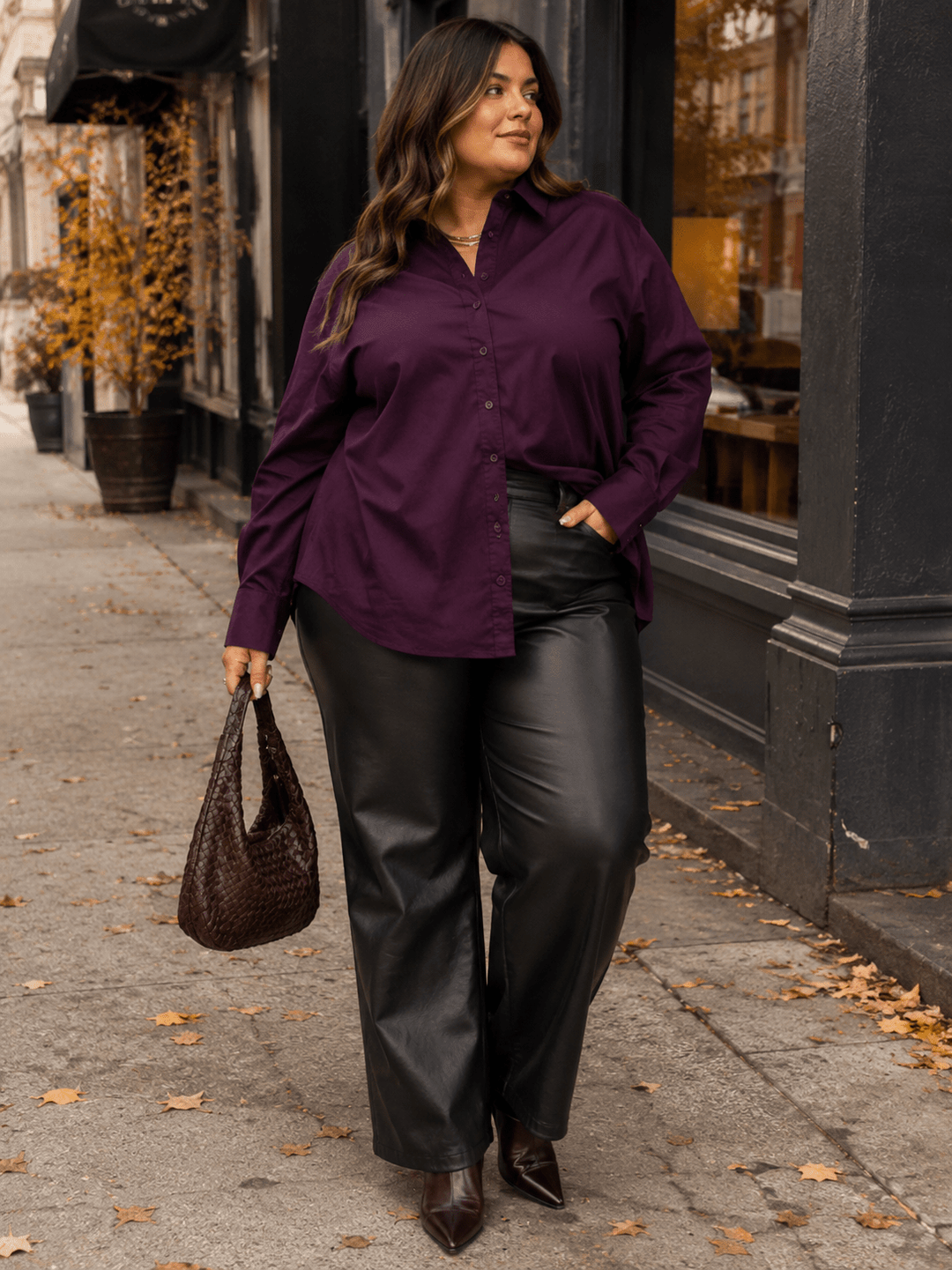 ENTRO PLUS SIZE LONG SLEEVE BUTTON UP HIGH-LOW SOLID SHIRT