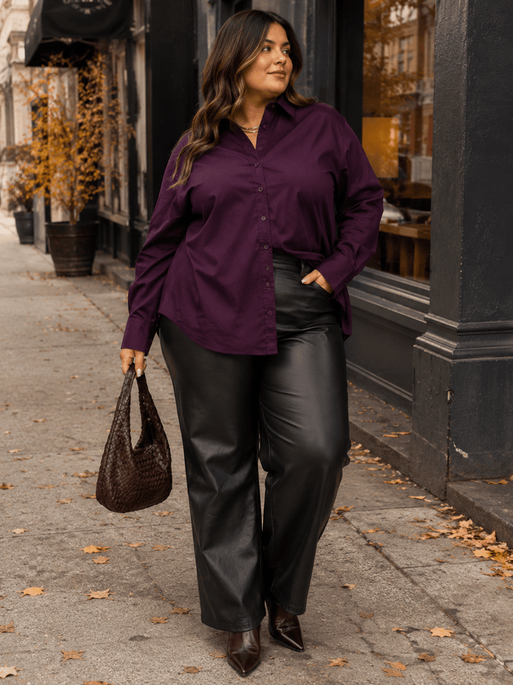 ENTRO PLUS SIZE LONG SLEEVE BUTTON UP HIGH-LOW SOLID SHIRT