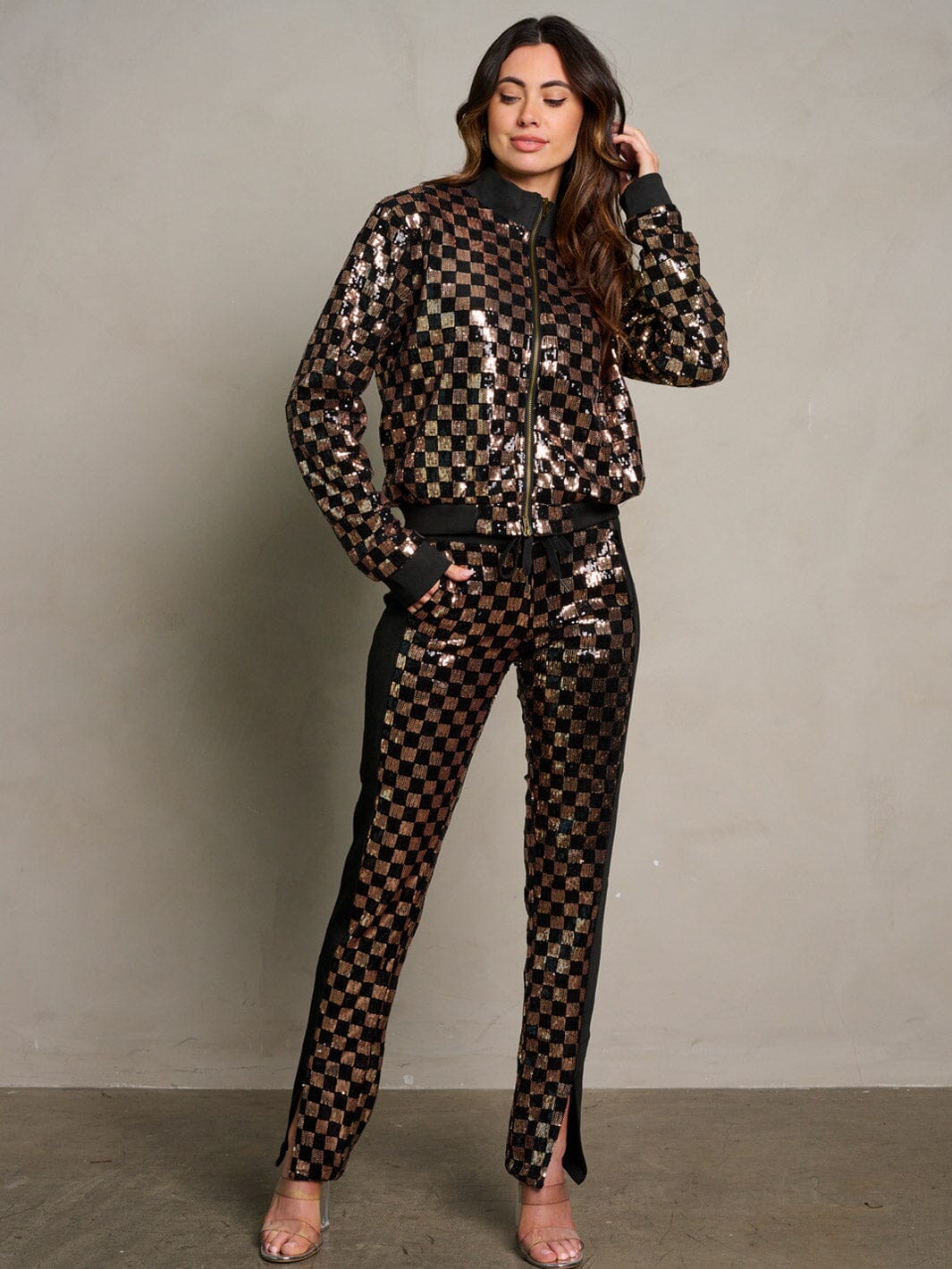 WOMEN'S LONG SLEEVE JACKET & ELASTIC WAIST PANTS SEQUINS 2PC. SET