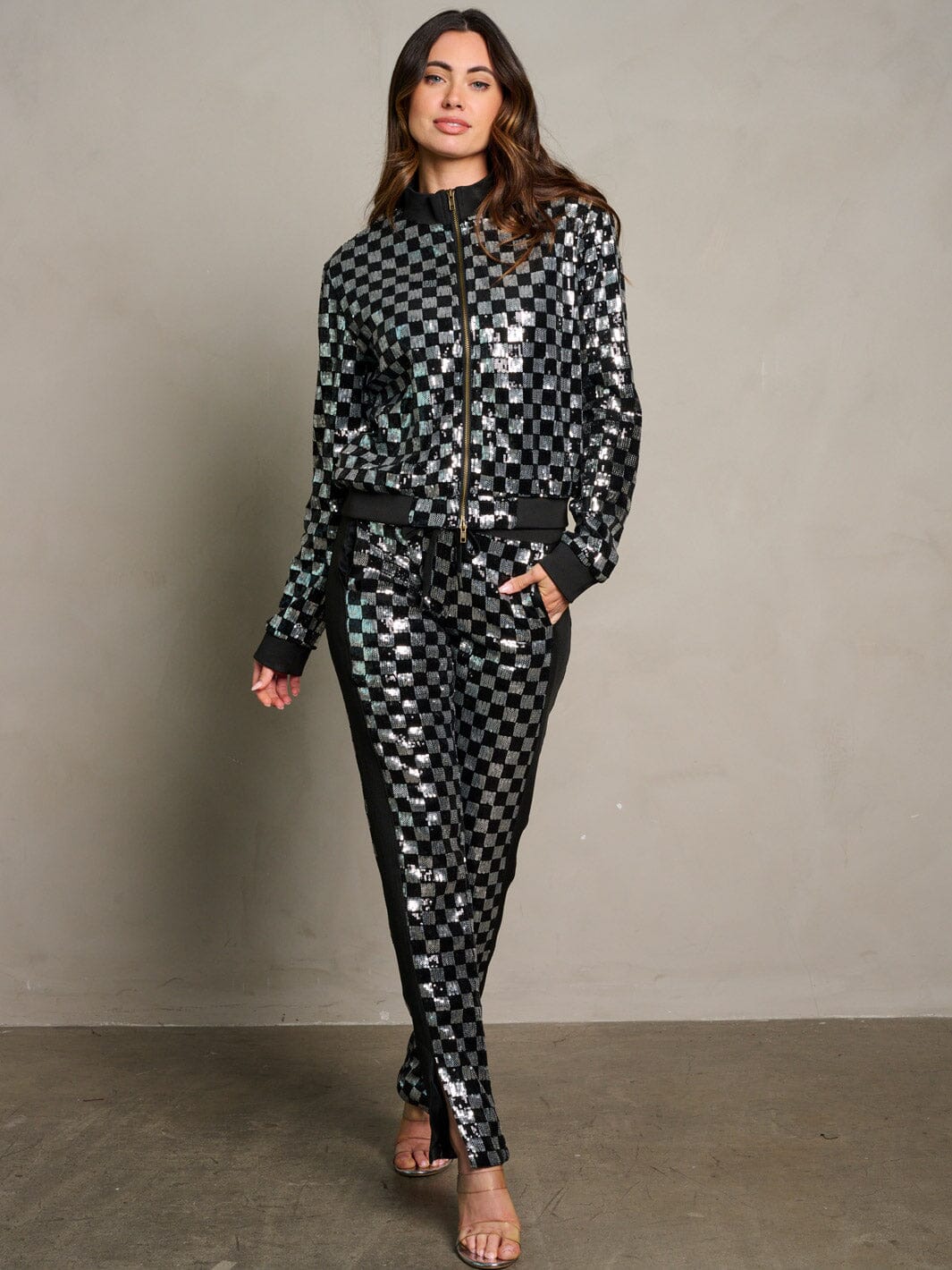 WOMEN'S LONG SLEEVE JACKET & ELASTIC WAIST PANTS SEQUINS 2PC. SET