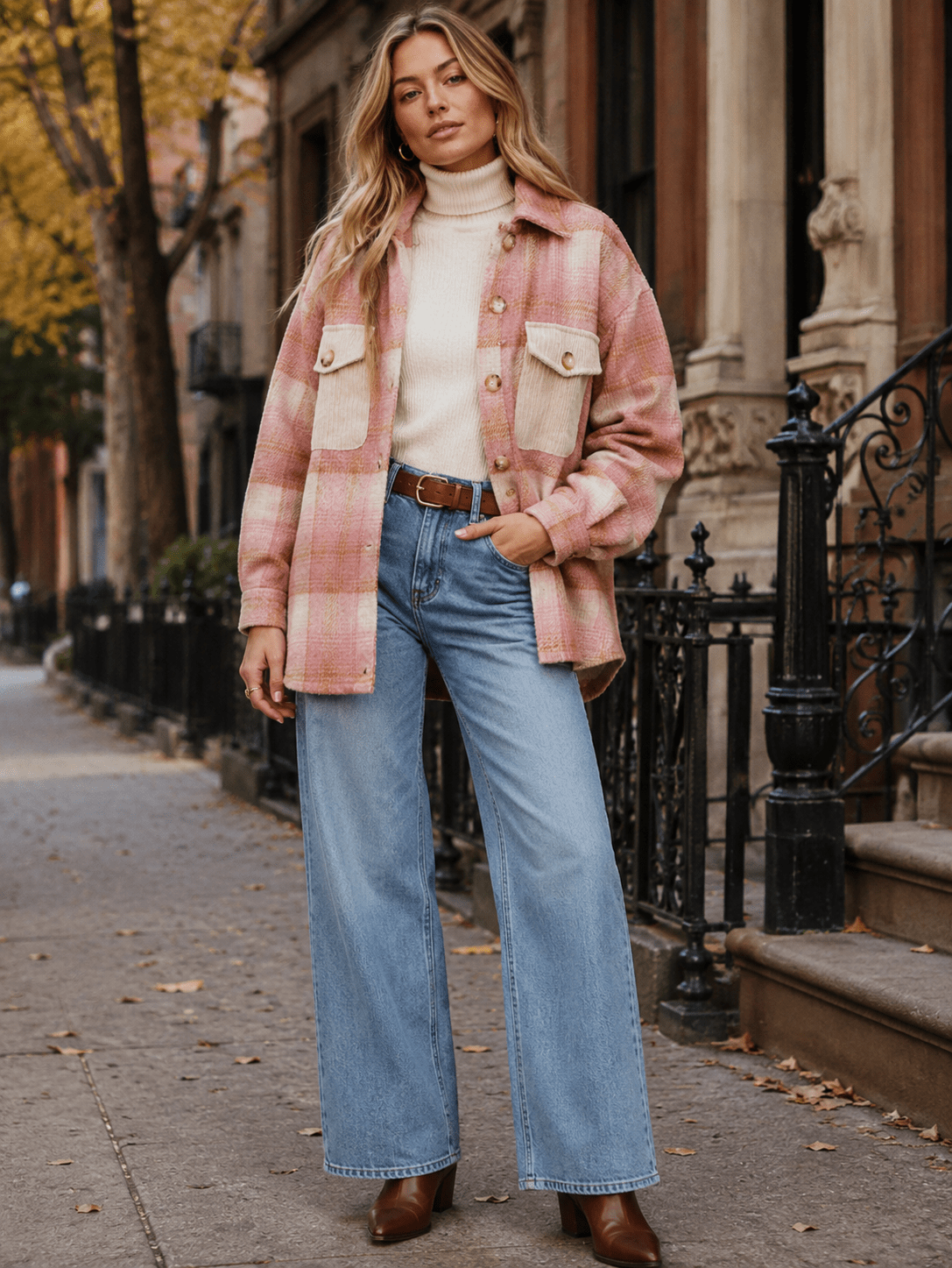 WOMEN'S LONG SLEEVE BUTTON UP FRONT POCKETS PLAID JACKET