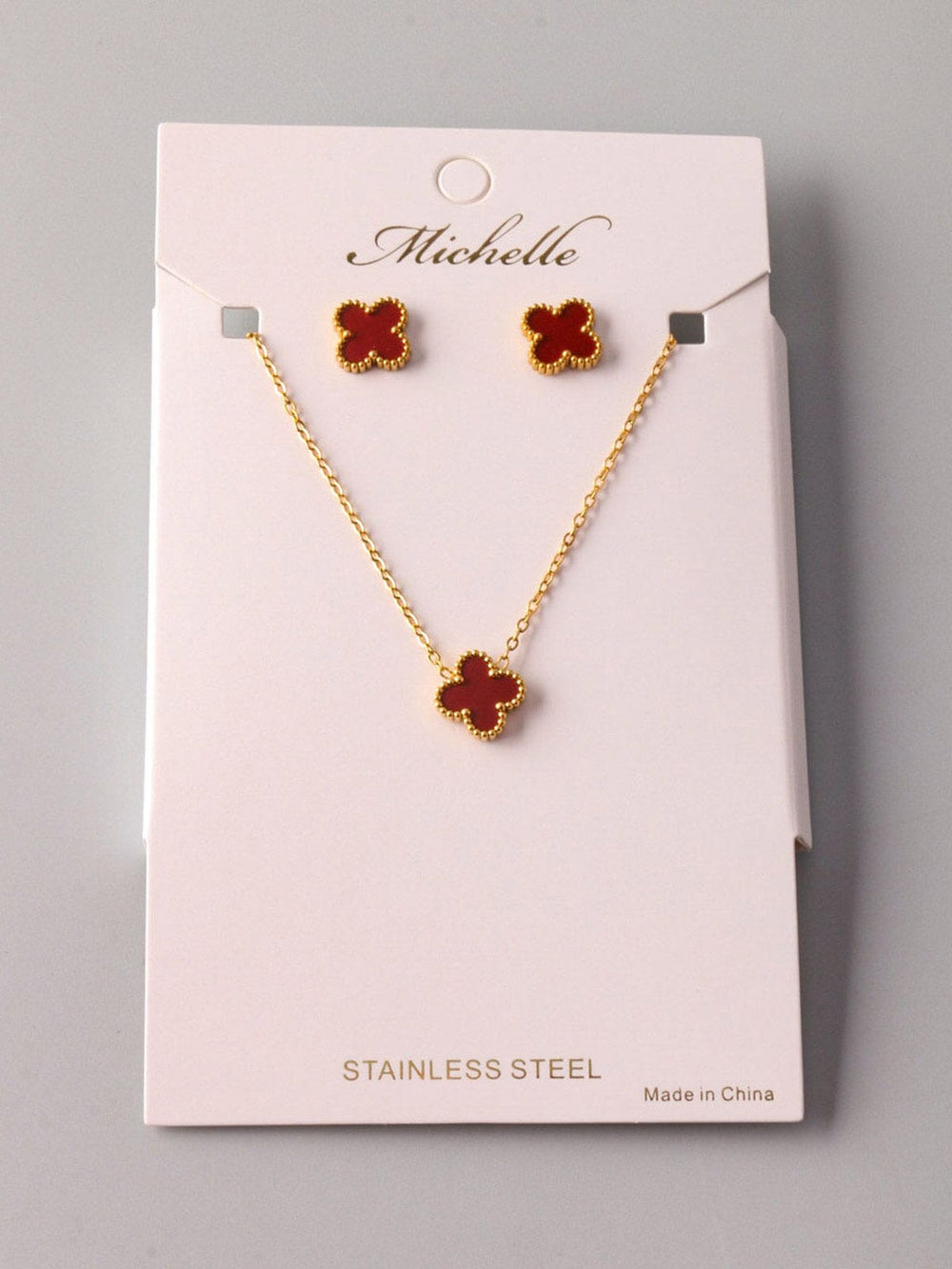 WOMEN'S STAINLESS STEEL GOLD RED EARRINGS & NECKLACE SET