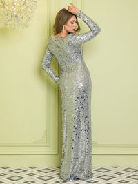 WOMEN'S LONG SLEEVE FRONT SLIT SURPLICE SEQUINS MAXI GOWN DRESS