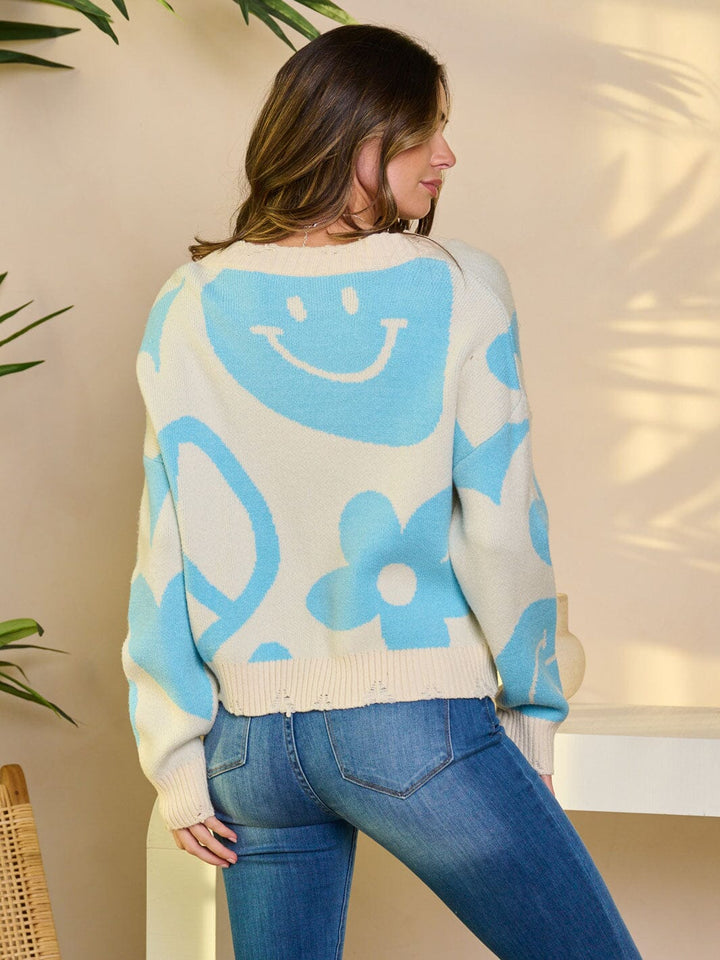 WOMEN'S LONG SLEEVE V-NECK PULLOVER GRAPHIC SWEATER