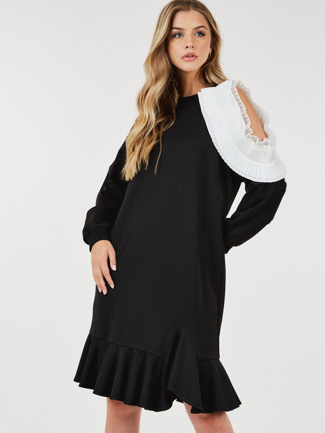 WOMEN'S LONG SLEEVE RUFFLE DETAILED COLORBLOCK MIDI DRESS