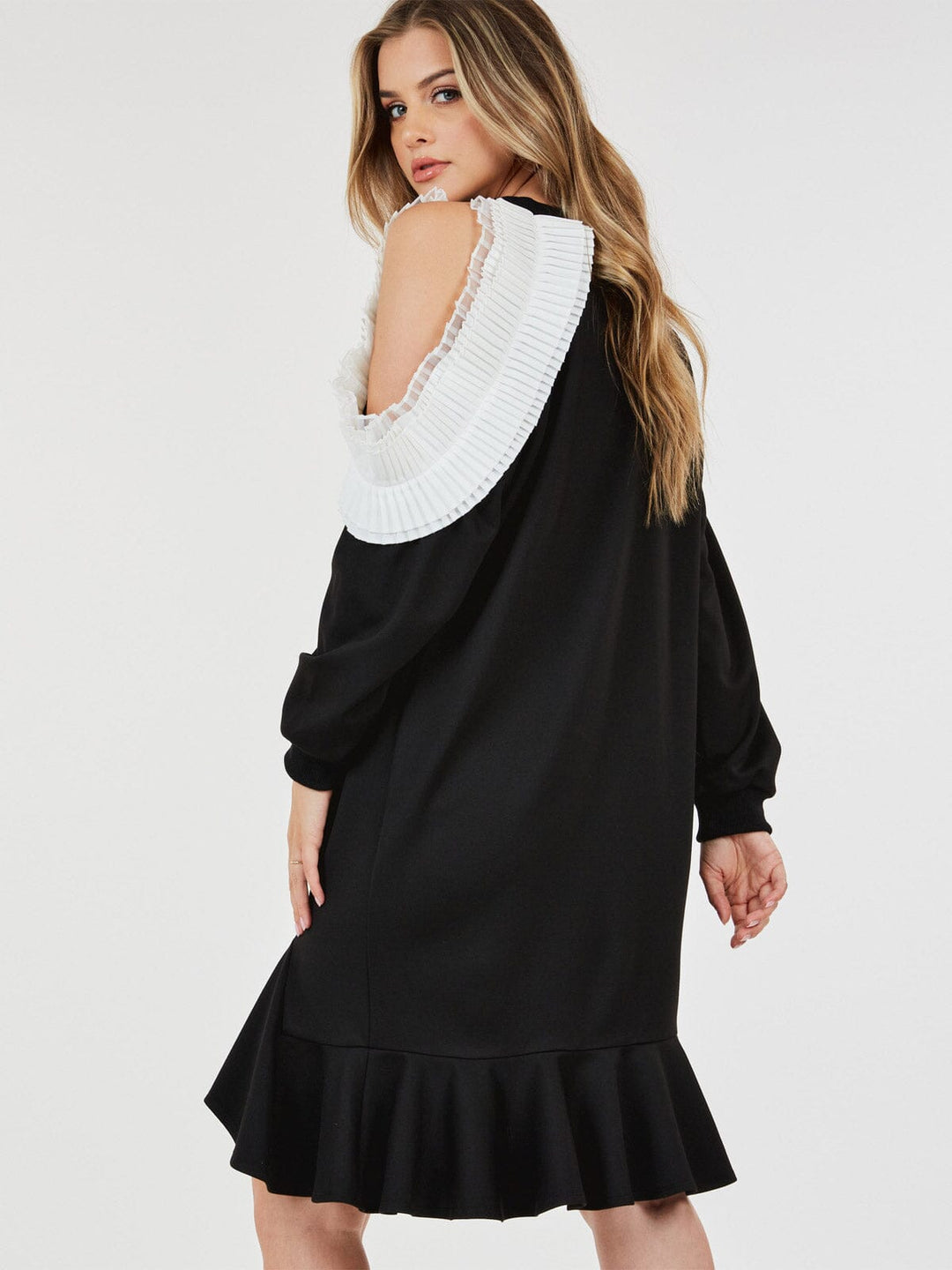 WOMEN'S LONG SLEEVE RUFFLE DETAILED COLORBLOCK MIDI DRESS