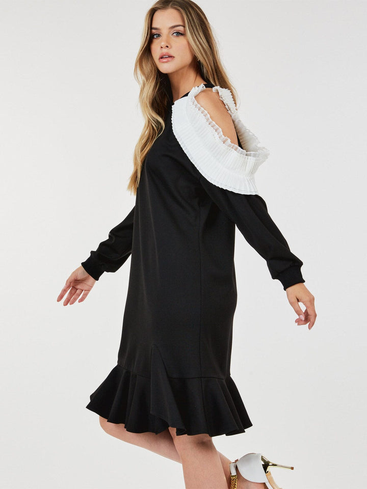 WOMEN'S LONG SLEEVE RUFFLE DETAILED COLORBLOCK MIDI DRESS