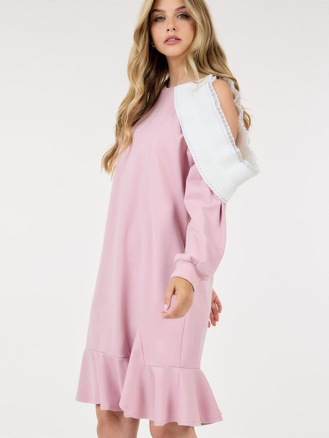 WOMEN'S LONG SLEEVE RUFFLE DETAILED COLORBLOCK MIDI DRESS