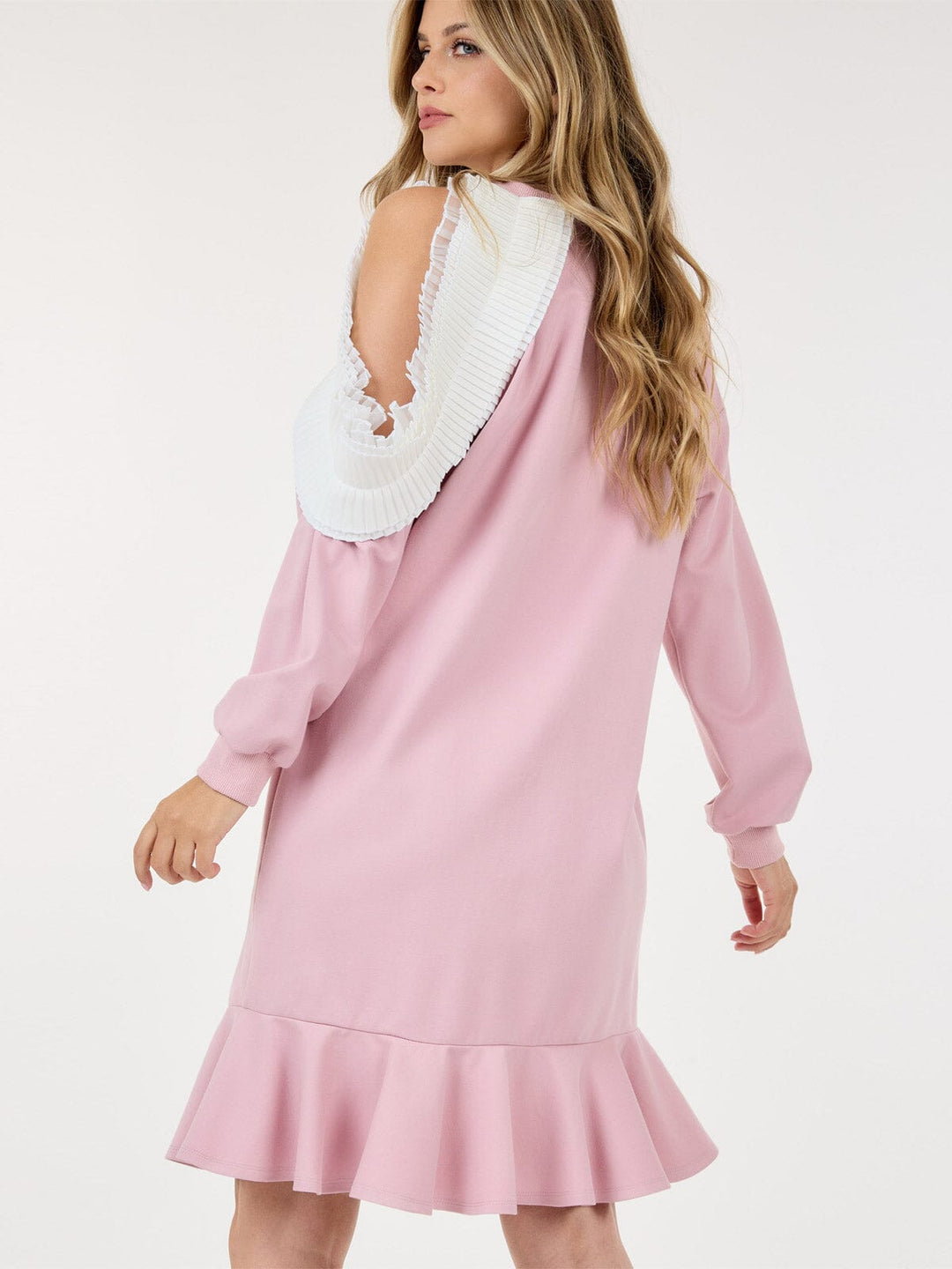 WOMEN'S LONG SLEEVE RUFFLE DETAILED COLORBLOCK MIDI DRESS