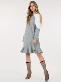 WOMEN'S LONG SLEEVE RUFFLE DETAILED COLORBLOCK MIDI DRESS