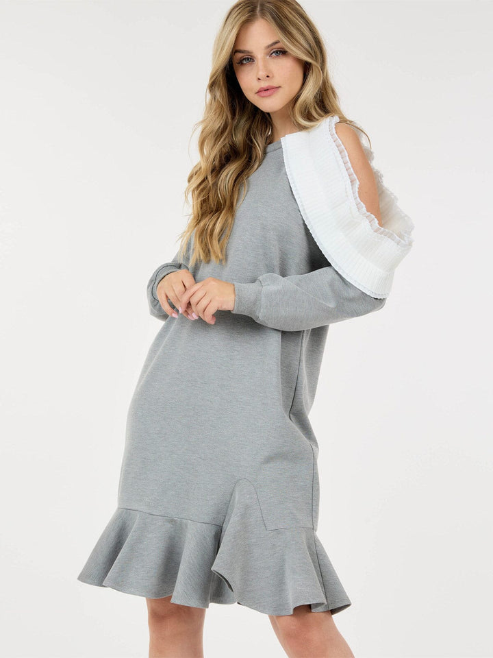 WOMEN'S LONG SLEEVE RUFFLE DETAILED COLORBLOCK MIDI DRESS