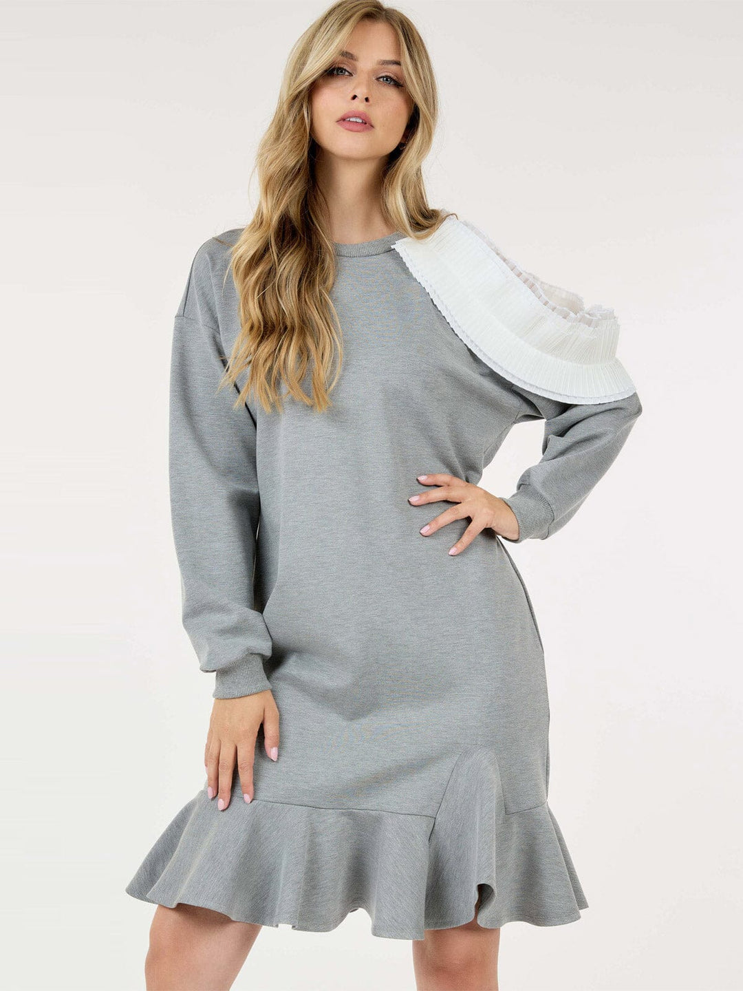 WOMEN'S LONG SLEEVE RUFFLE DETAILED COLORBLOCK MIDI DRESS