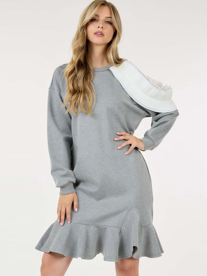 WOMEN'S LONG SLEEVE RUFFLE DETAILED COLORBLOCK MIDI DRESS