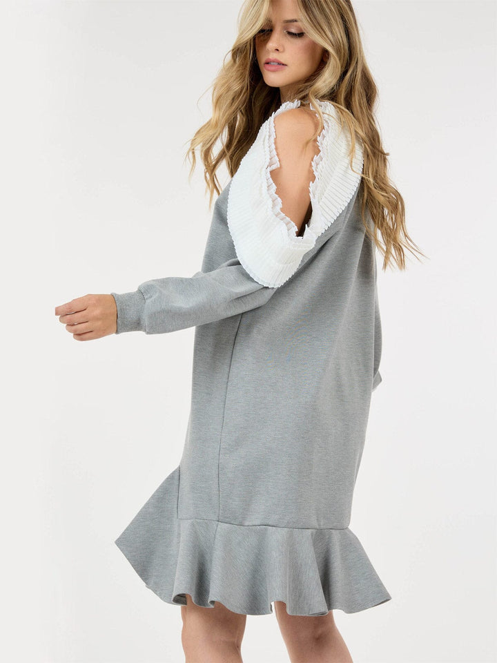 WOMEN'S LONG SLEEVE RUFFLE DETAILED COLORBLOCK MIDI DRESS