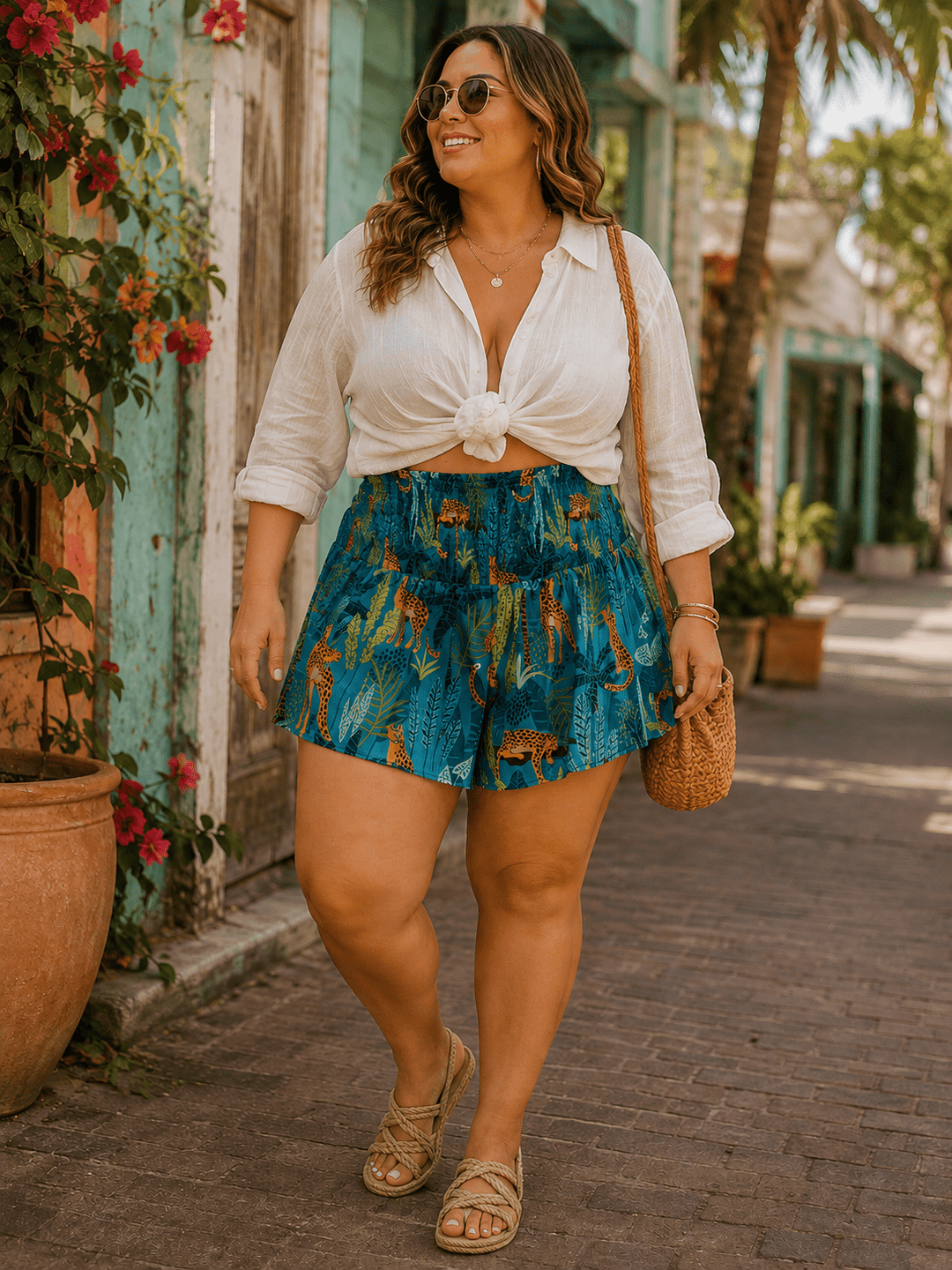 PLUS SIZE SMOCK WAIST MULTI PRINT MINI SHORTS
