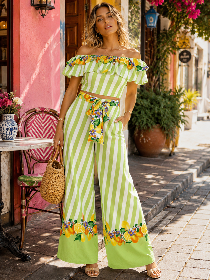 WOMEN'S OFF SHOULDER CROP TOP & ELASTIC WAIST POCKETS WIDE LEG PANTS PRINT 2PC. SET