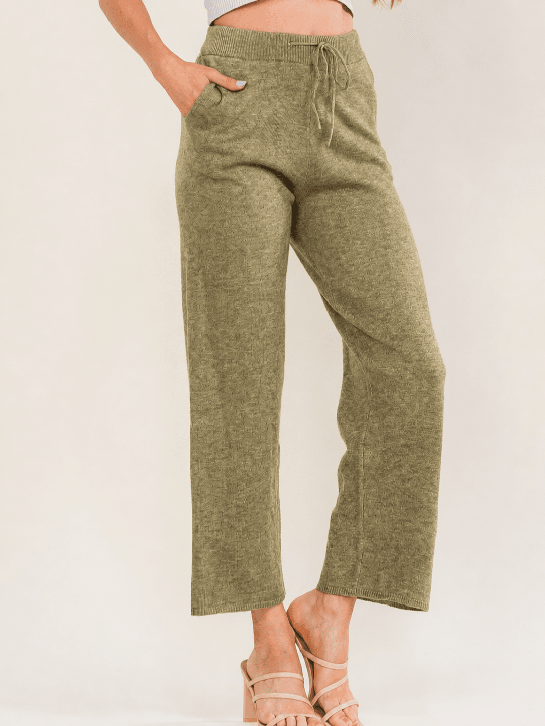********WOMEN'S ELASTIC WAIST POCKETS SELF TIE WIDE LEG PANTS