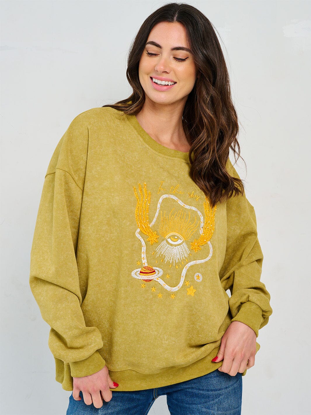 WOMEN'S LONG SLEEVE GRAPHIC STUDS PULLOVER SWEATER