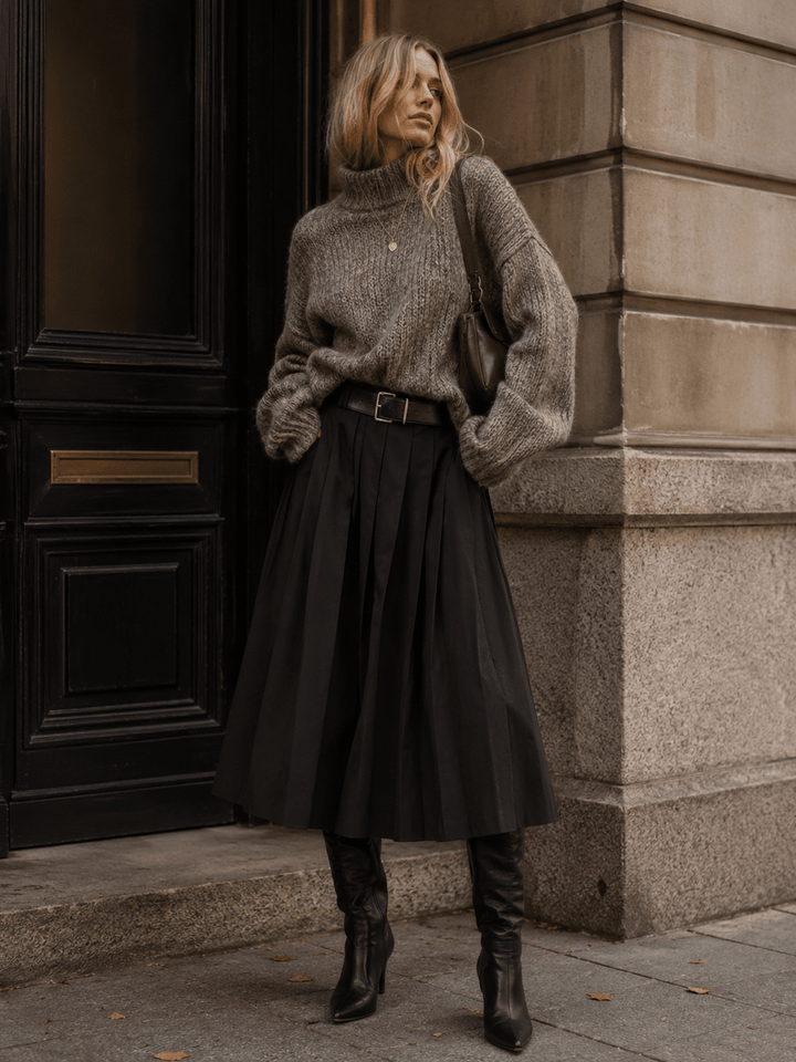 WOMEN'S ZIP UP FRONT POCKETS BELTED FLARE MIDI SKIRT