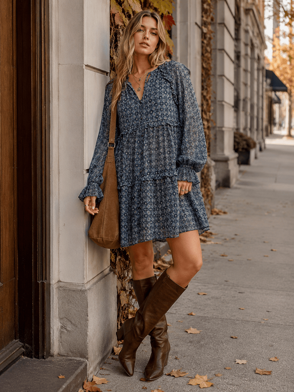 WOMEN'S LONG SLEEVE V-NECK BUTTON UP TIERED MINI DRESS