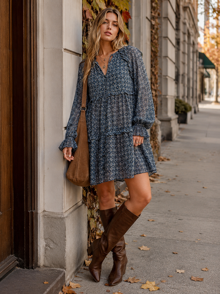 WOMEN'S LONG SLEEVE V-NECK BUTTON UP TIERED MINI DRESS