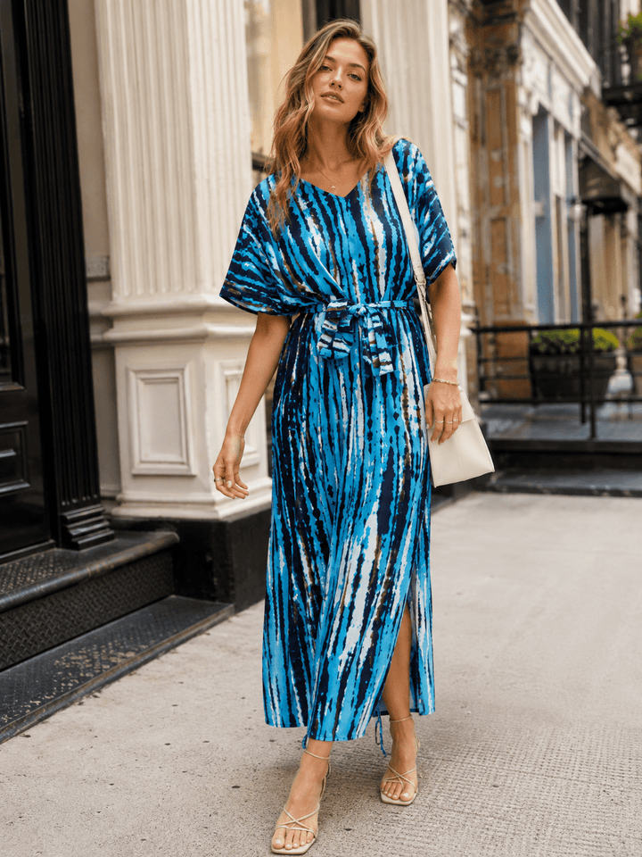 BEULAH WOMEN'S SHORT SLEEVE SELF TIE MULTI PRINT MAXI DRESS
