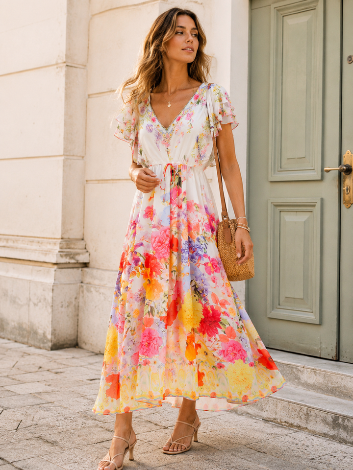 BEULAH WOMEN'S SHORT RUFFLE SLEEVE SELF TIE FLORAL PRINT MAXI DRESS