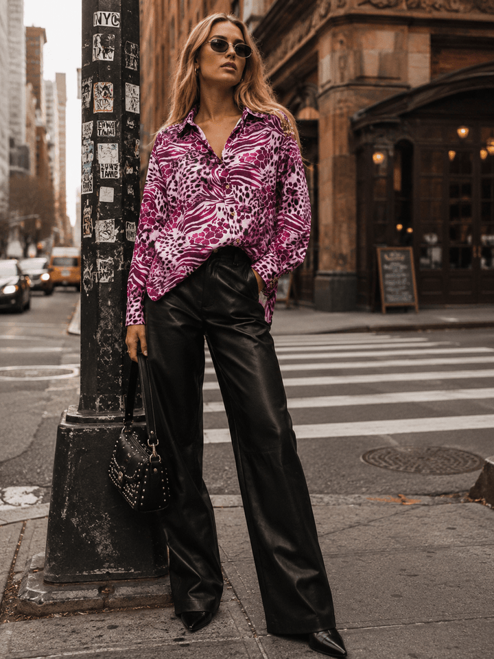 ******WOMEN'S LONG SLEEVE BUTTON UP HIGH-LOW ANIMAL PRINT BLOUSE
