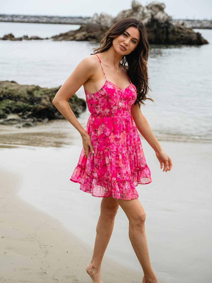 WOMEN'S SLEEVELESS RUFFLE TIERED FLORAL MINI DRESS