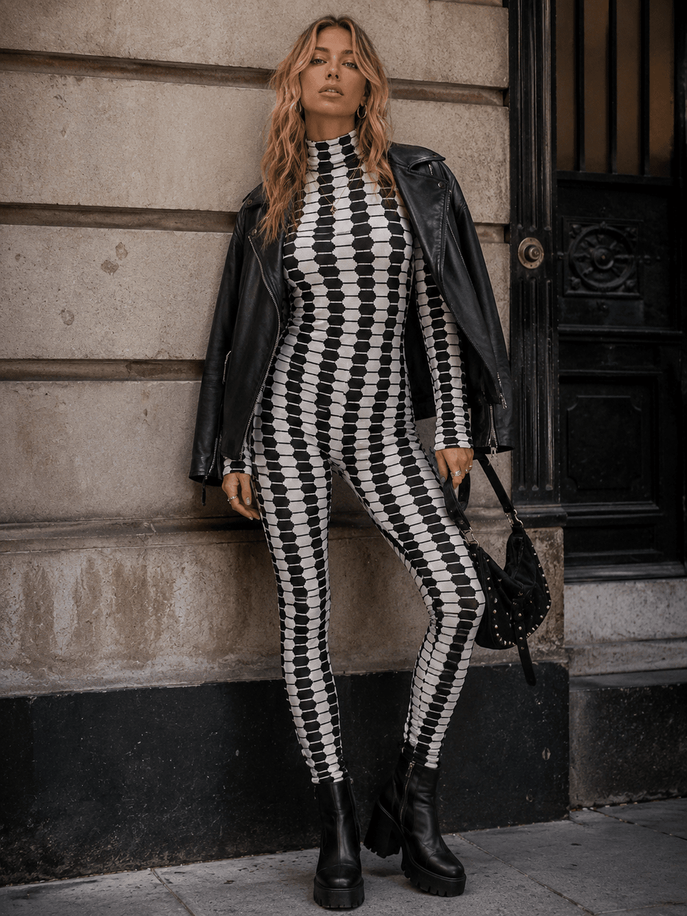 WOMEN'S LONG SLEEVE MOCK NECK COLORBLOCK SKINNY LEG JUMPSUIT