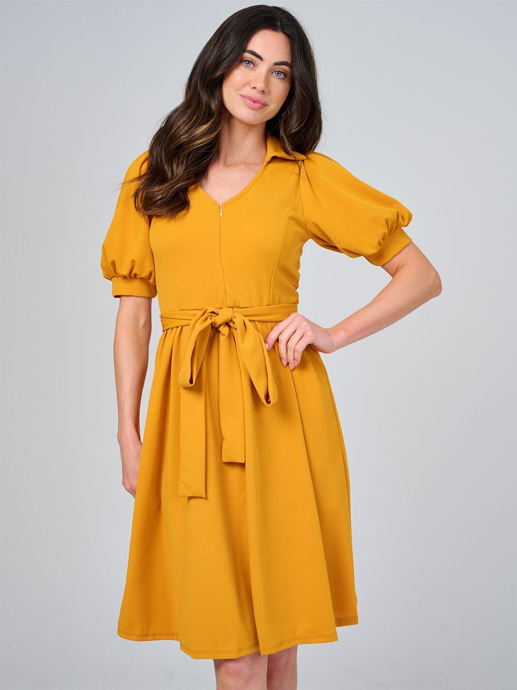 WOMEN'S SHORT SLEEVE ZIP UP ELASTIC WAIST SELF TIE MINI DRESS